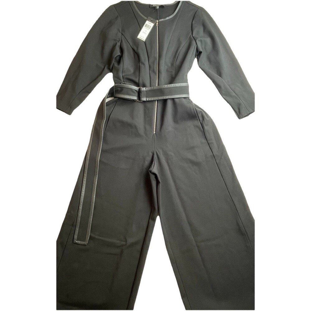 BCBGMAXARIA Longsleeve Black Jumpsuit Cropped Wide Leg Leather Trim Belt City-S
